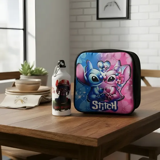 Combo Lonchera Termica Infantil Mas Botella Mágica De Stich