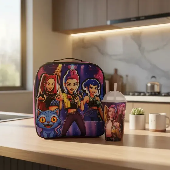 Combo Lonchera Termica Mas Vaso Infantil Guerreras Kpop