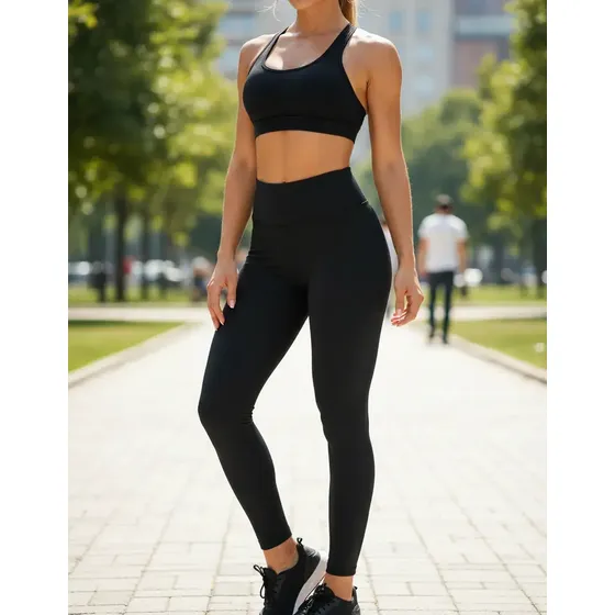 Conjunto Calza Y Top Mujer Fitness Negro Liso